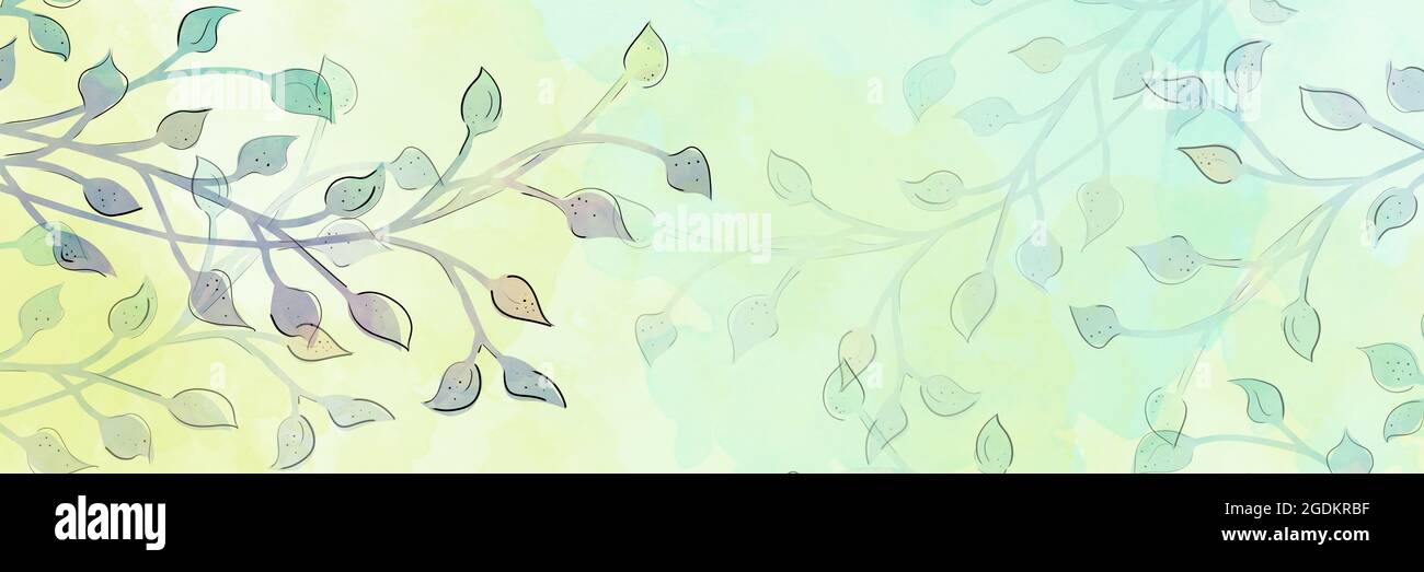 foglie astratte di acquerello e viti, rami di piante in colori pastello blu verde porpora e giallo con profilo minimo in illus d'arte moderna Foto Stock