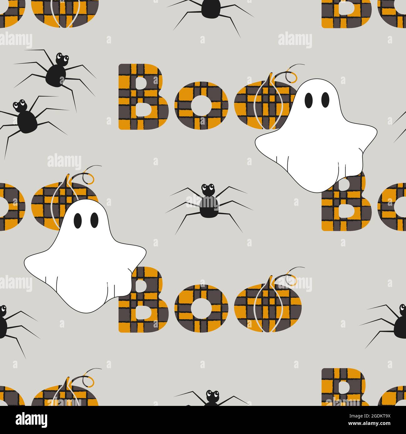 Modello senza cuciture con l'iscrizione BOO, ragni e fantasmi per Halloween. Sfondo di Halloween. SCRITTA BOO con zucca, fantasmi e ragni Illustrazione Vettoriale