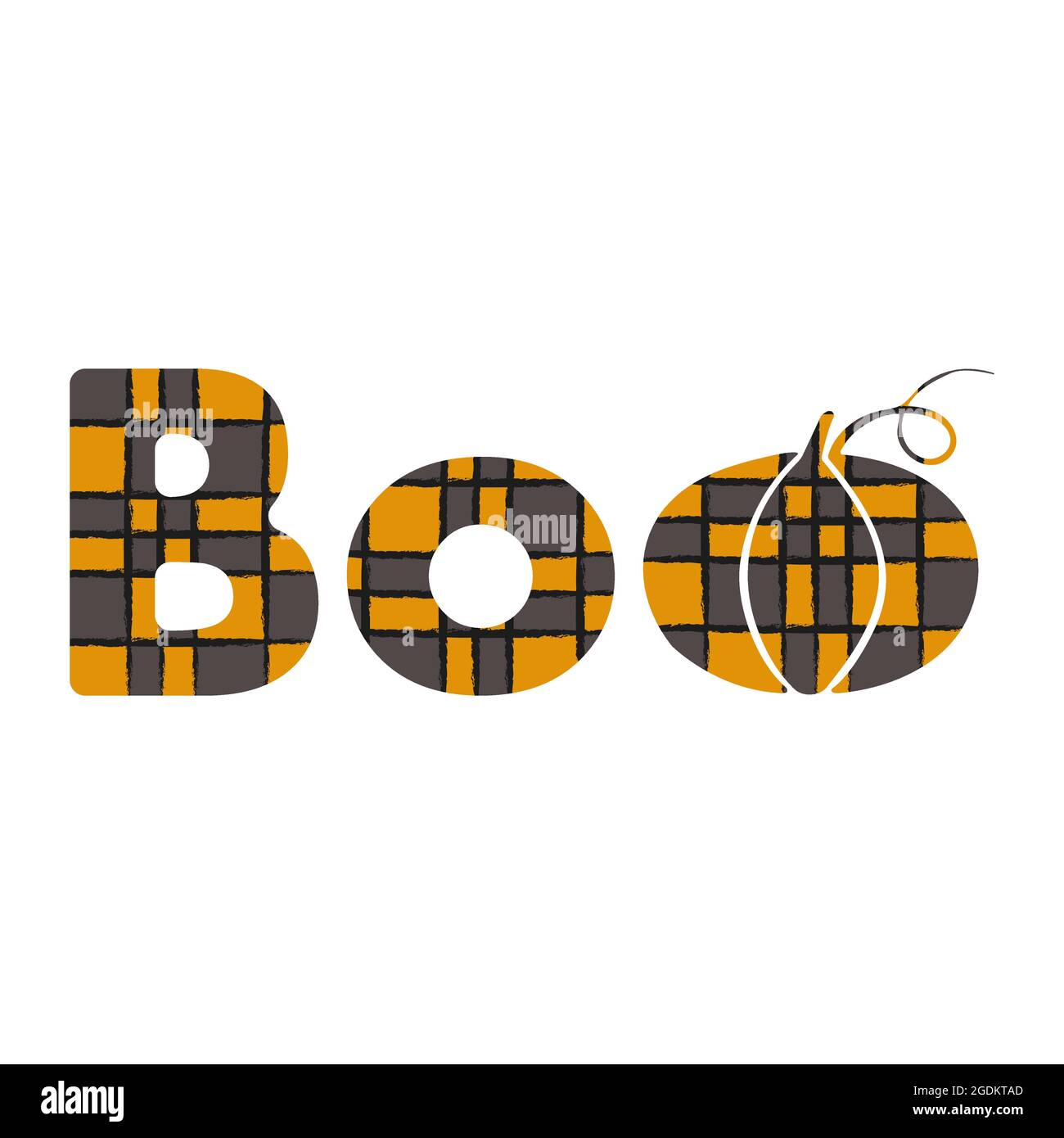 Iscrizione BOO con zucca sotto forma di un caldo plaid arancione e grigio a scacchi isolato su sfondo bianco. Testo BOO stilizzato su Halloween. Illustrazione Vettoriale