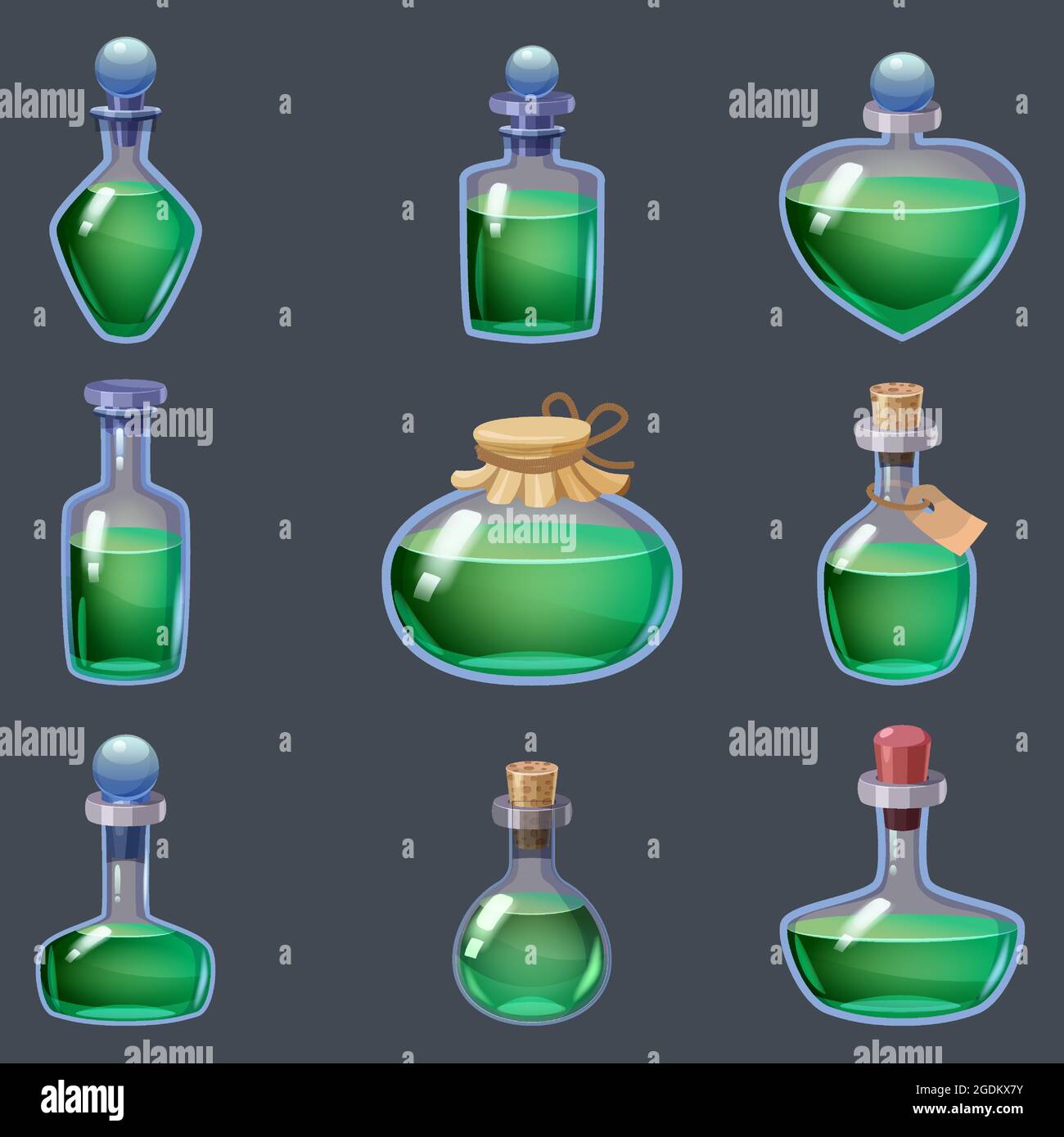 Set di magiche bottiglie liquido pozione fantasia elisir. GUI dell'icona di gioco per l'interfaccia utente dei giochi per applicazioni. Vettoriale illazione isolato stile cartoon su grigio Illustrazione Vettoriale