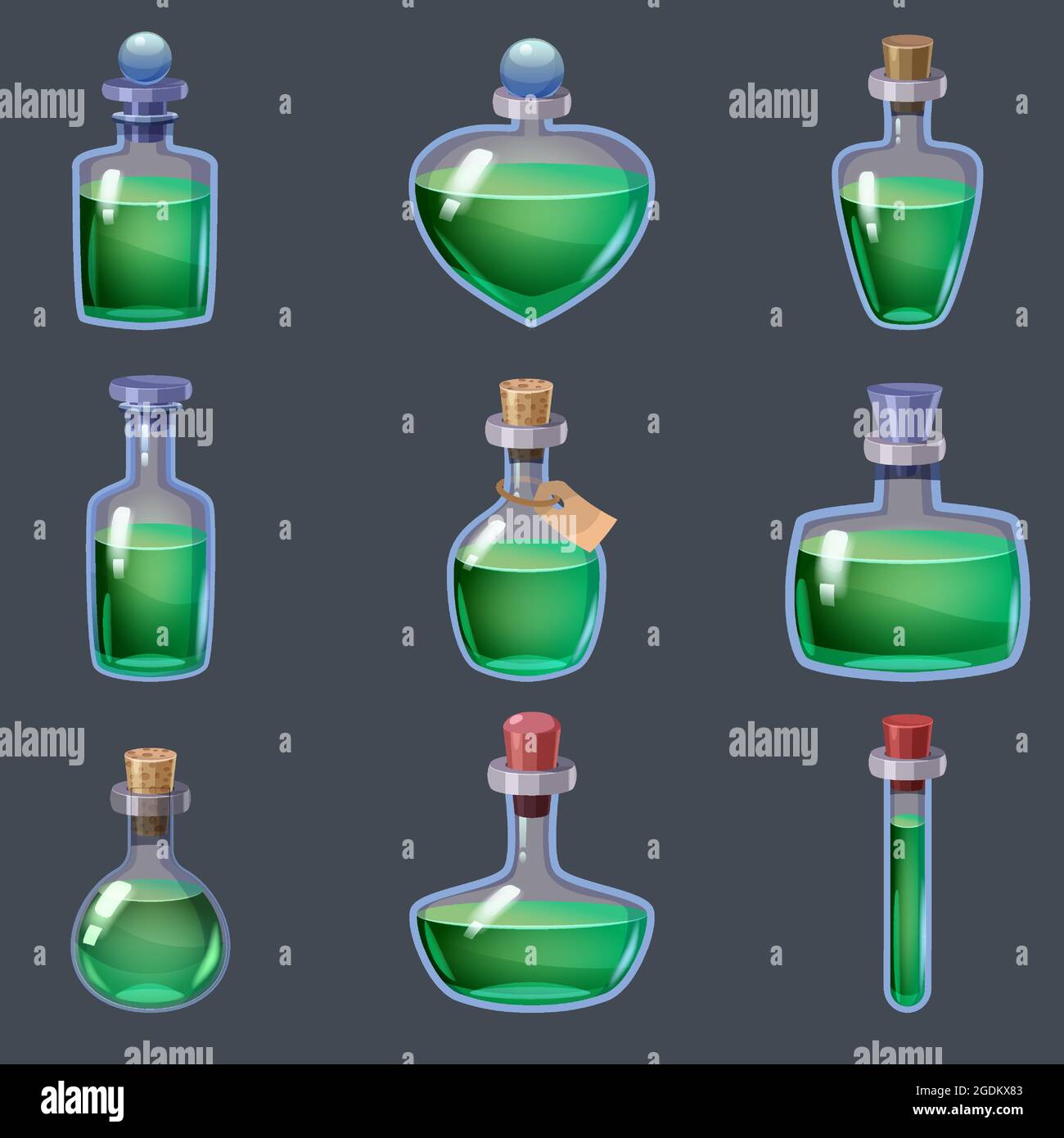 Set di magiche bottiglie liquido pozione fantasia elisir. GUI dell'icona di gioco per l'interfaccia utente dei giochi per applicazioni. Vettoriale illazione isolato stile cartoon su grigio Illustrazione Vettoriale