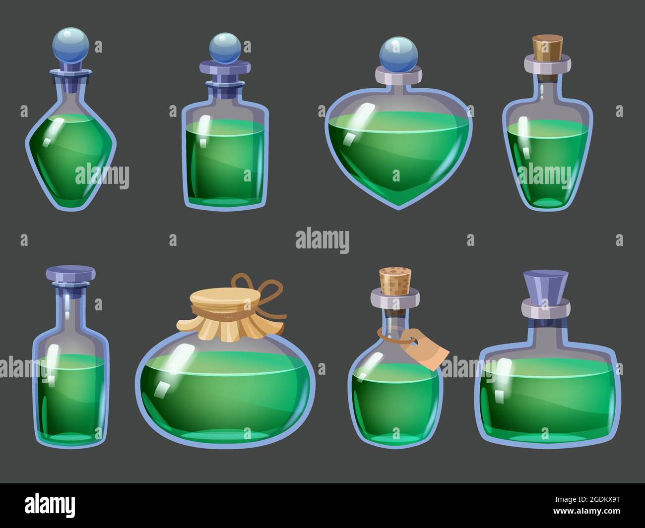 Set di bottiglie Magic Liquid potion fantasy elisir. GUI dell'icona di gioco per l'interfaccia utente dei giochi per applicazioni. Vettoriale illazione isolato stile cartoon su buio Illustrazione Vettoriale