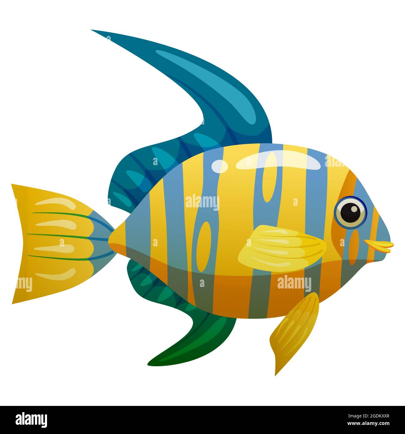 Pesci blu giallo tropicale, corallo reef esotico animale domestico. Aquarium SEA LIFE, stile cartoni animati di illusione vettoriale Illustrazione Vettoriale