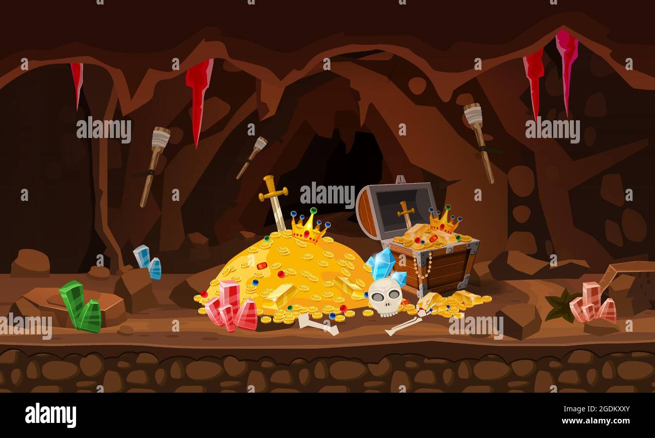 Grotta del tesoro, pila d'oro, monete, petto, gemme, corona, spada, cristalli. Concept art per giochi, app. Sfondo stile cartoon Illustrazione Vettoriale