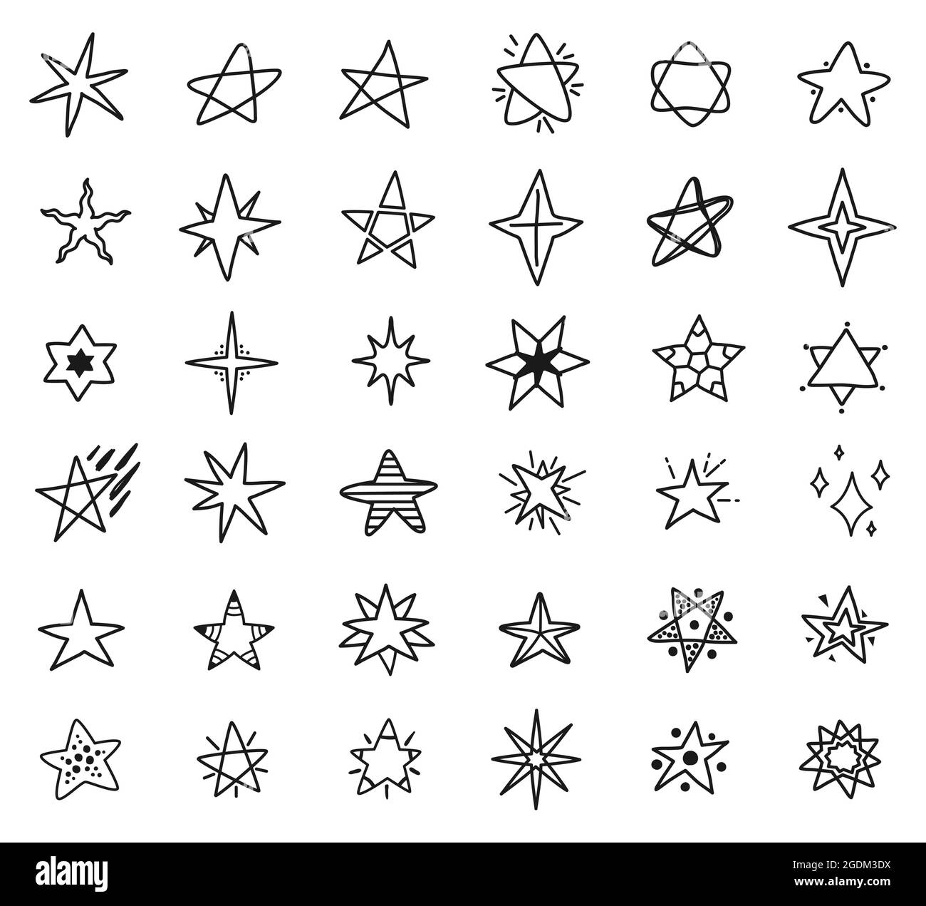 Disegni a stelle, disegni a stelle disegnati a mano. Semplici stelle carine, scintille o elementi Starburst per i bambini tessili o pattern vettoriali set. Gli oggetti cosmici delineano forme diverse Illustrazione Vettoriale