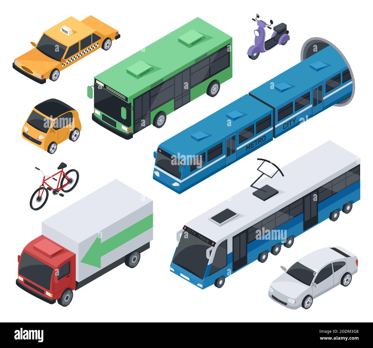 Veicoli isometrici urbani e mezzi pubblici: Auto, treno, autobus. Trasporto urbano bike, moto, taxi, cargo camion 3d vettore set. Metropolitana, trasporto di consegna isolato su bianco Illustrazione Vettoriale