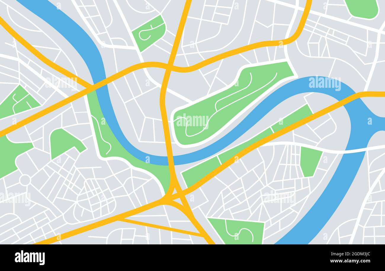 Mappa urbana, strade della città navigazione gps. Mappa del centro con strade, parchi e fiume. Illustrazione vettoriale dello schema di navigazione astratto della roadmap. Mappa topografica con aree diverse Illustrazione Vettoriale