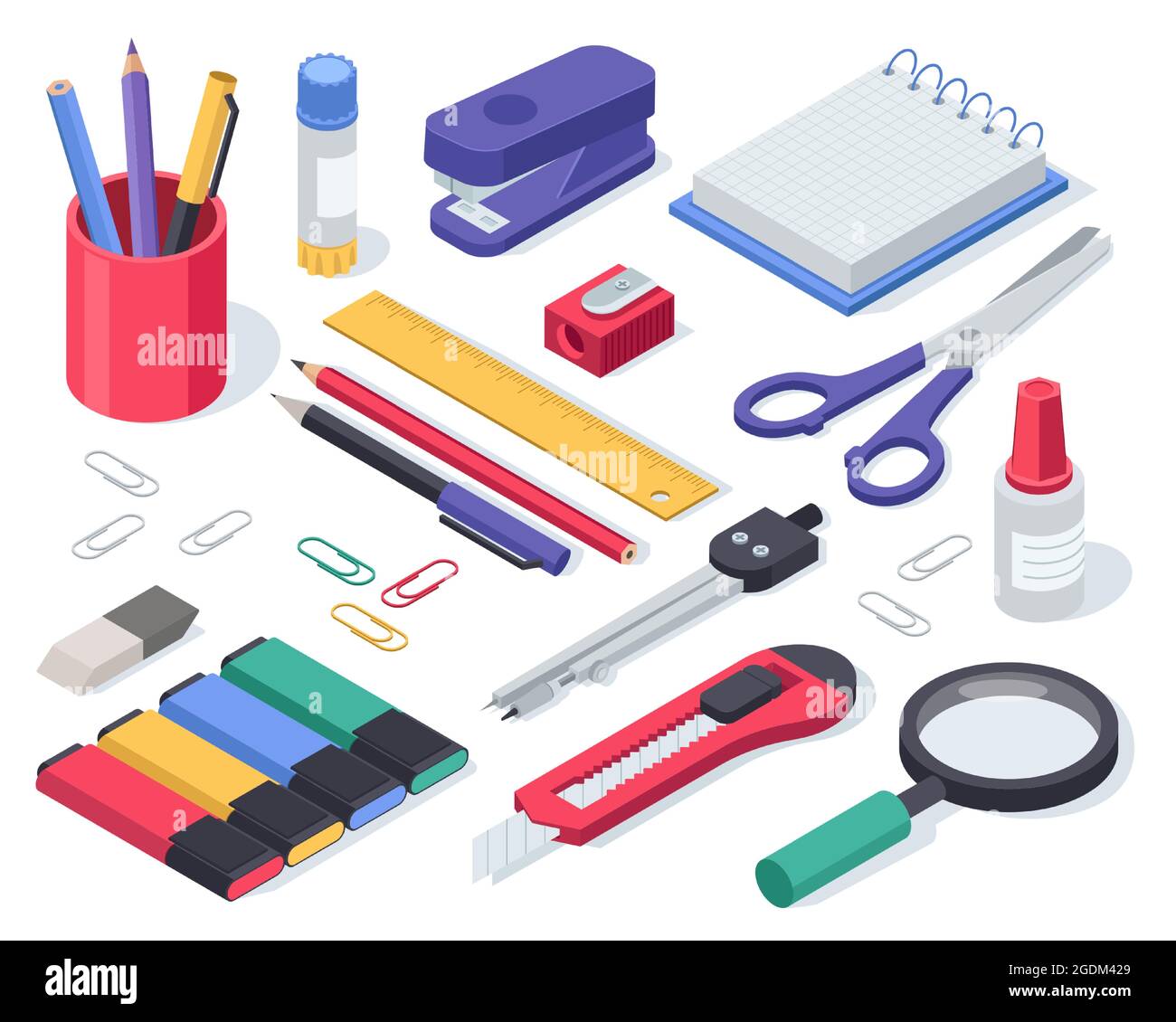 Cancelleria isometrica. Forniture scolastiche colla, notebook, materiale, penna, forbici, cucitrice, righello, gomma. Strumenti per ufficio e set di strumenti vettoriali per l'istruzione. Articoli di cancelleria Illustrazione Vettoriale