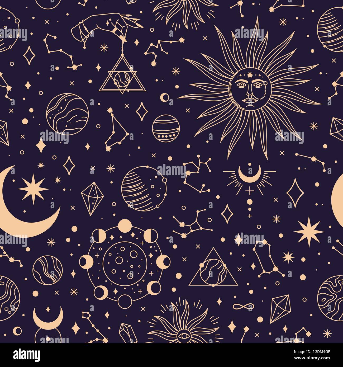 Astrologia modello senza giunture con costellazioni, pianeti e stelle. Spazio galassia, starry notte tessuto stampa vettore sfondo. Elementi mistici e magici sul cielo cosmico con corpi celesti Illustrazione Vettoriale