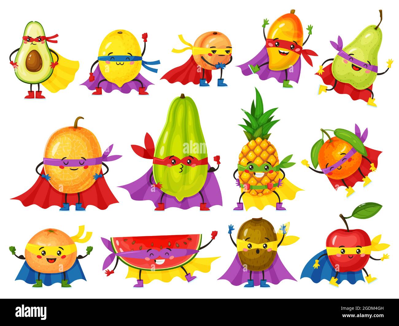 Divertenti personaggi di eroe della frutta. Arancio fresco, mela, avocado, limone con il viso carino in maschere. Frutti di cartoni animati in abiti supereroi serie vettoriale indossando mantello e guanti. Frutta fantastica con emozioni Illustrazione Vettoriale