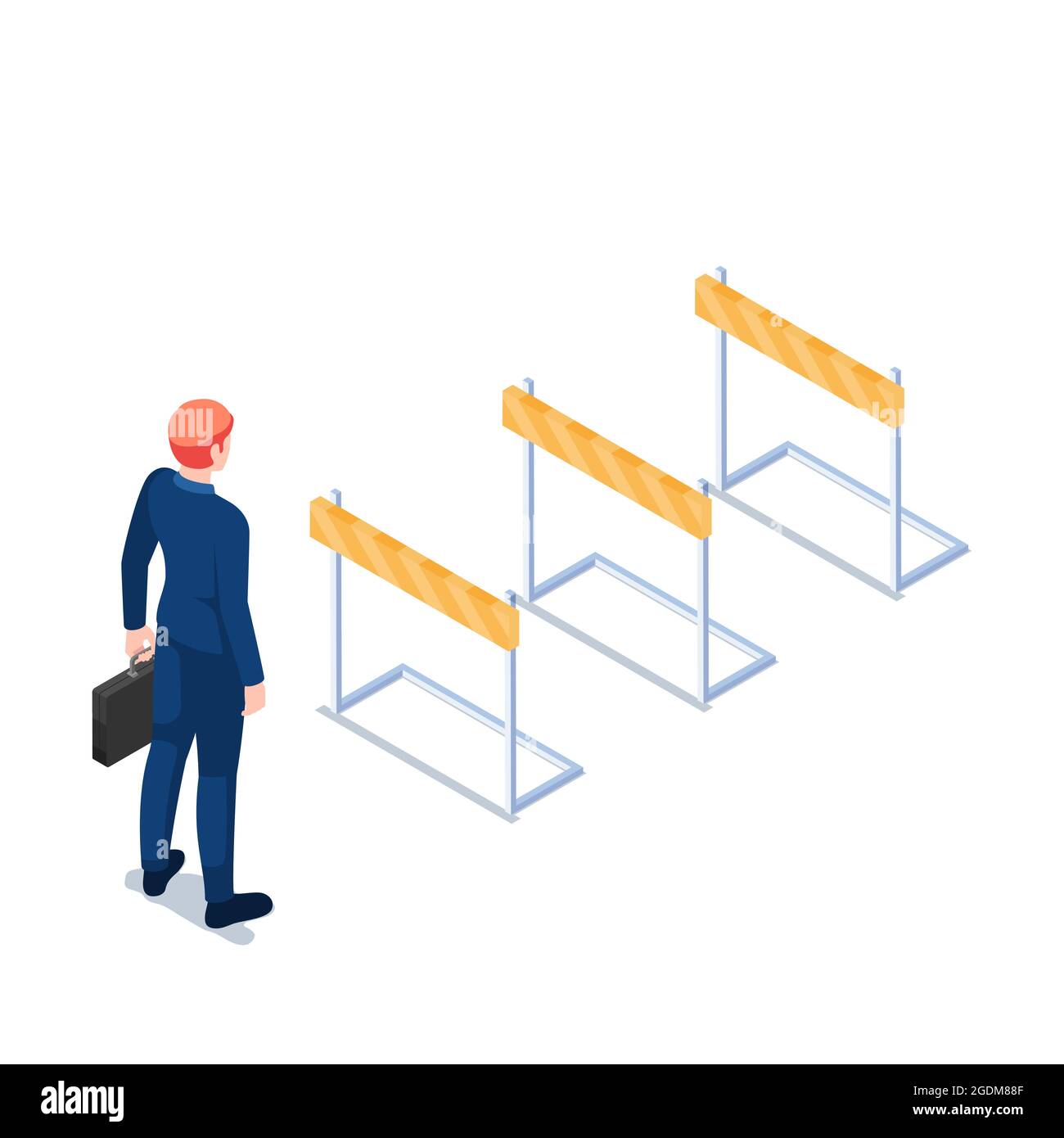 Uomo d'affari isometrico 3D piatto Holding Briefcase in piedi davanti all'ostacolo della corsa dell'ostacolo. Concetto di sfida aziendale. Illustrazione Vettoriale