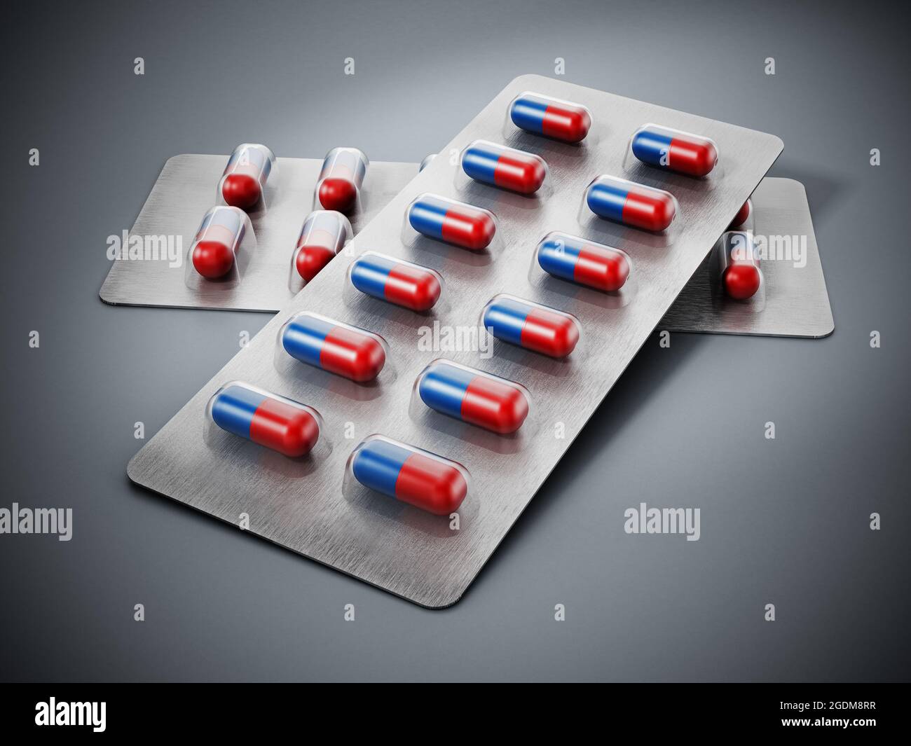 Capsule medicinali all'interno di confezioni blister. Illustrazione 3D. Foto Stock