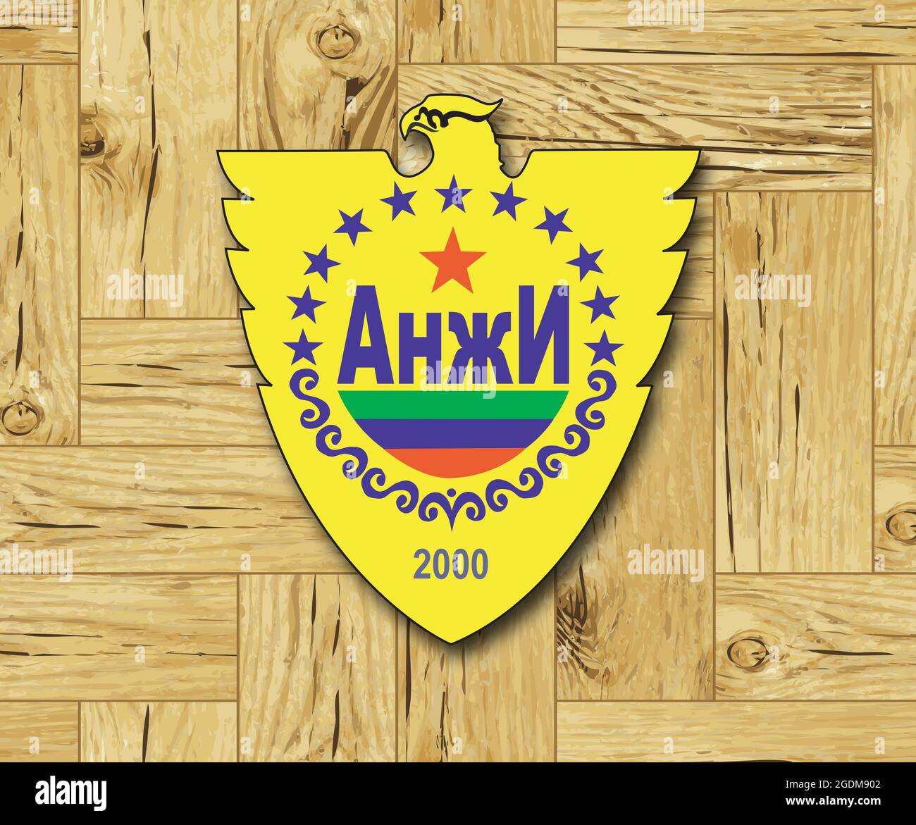 Stemma FC Anzhi Makhachkala, Repubblica del Daghestan, Russia, su sfondo ligneo Foto Stock