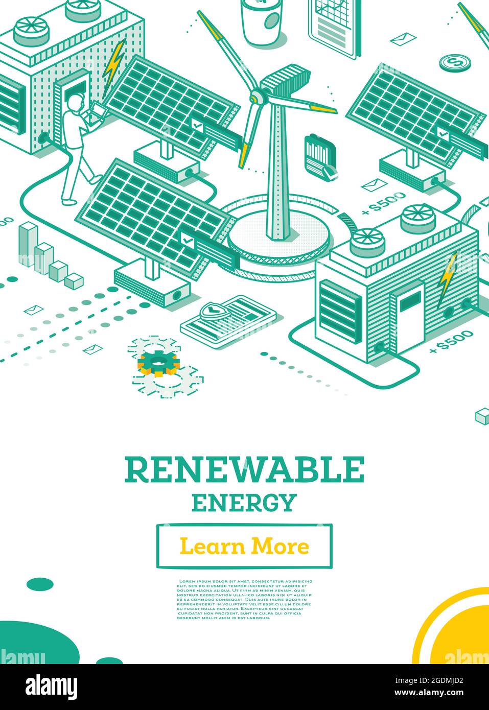 Il concetto Isometrico dell'energia verde rinnovabile è isolato su sfondo bianco. Illustrazione vettoriale. Pannelli solari e centrali eoliche. Ecologico sostenibile Illustrazione Vettoriale
