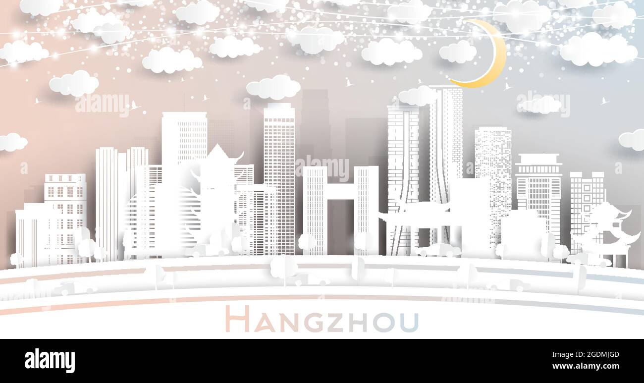 Hangzhou China City Skyline in stile Paper Cut con edifici bianchi, Luna e Neon Garland. Illustrazione vettoriale. Concetto di viaggio e turismo. Hangzhou Illustrazione Vettoriale