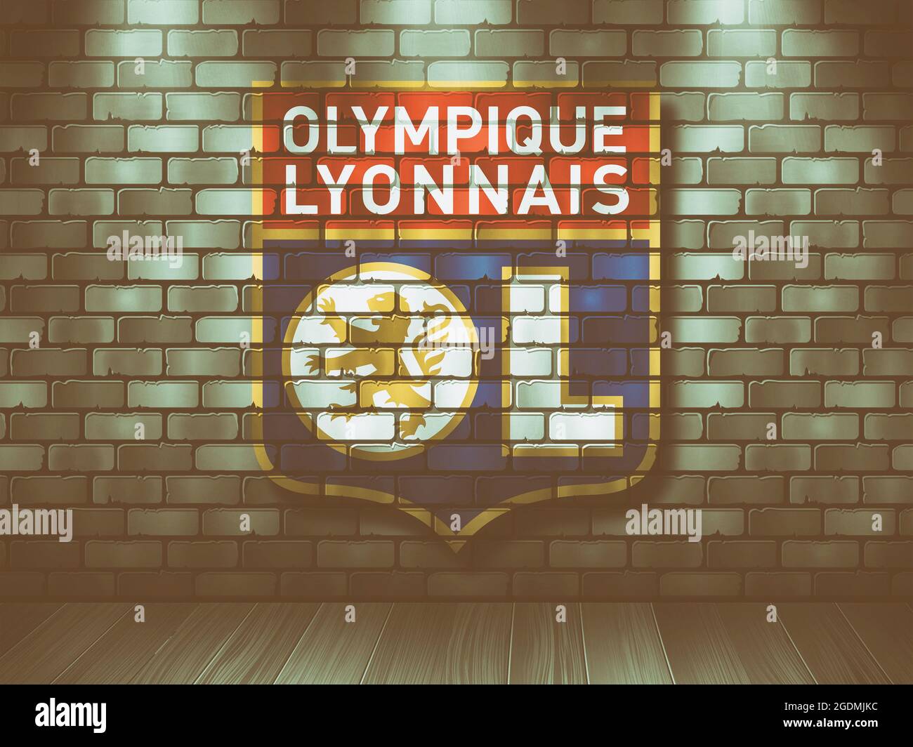 Stemma Olympique Lyonnais (OL), Francia, su sfondi in mattoni Foto Stock