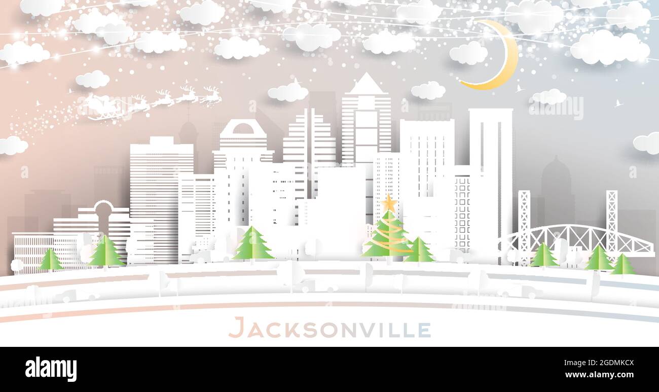 Jacksonville Florida City Skyline in stile Paper Cut con fiocchi di neve, Luna e Neon Garland. Illustrazione vettoriale. Natale e Capodanno. Illustrazione Vettoriale