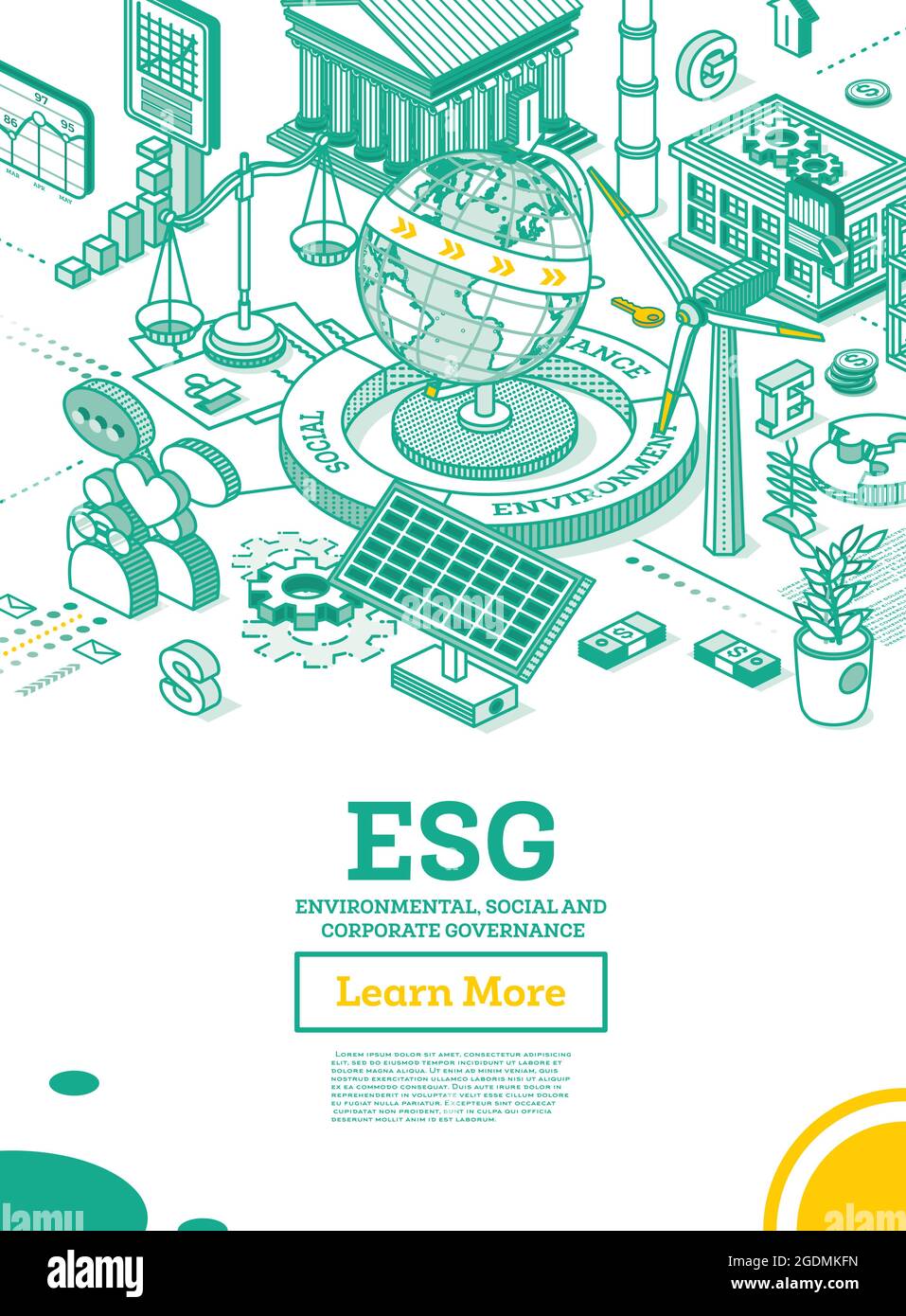 ESG concetto di ambiente, sociale e Governance. Modello globo della Terra. Illustrazione vettoriale. Sviluppo sostenibile. Concetto di contorno isometrico Illustrazione Vettoriale