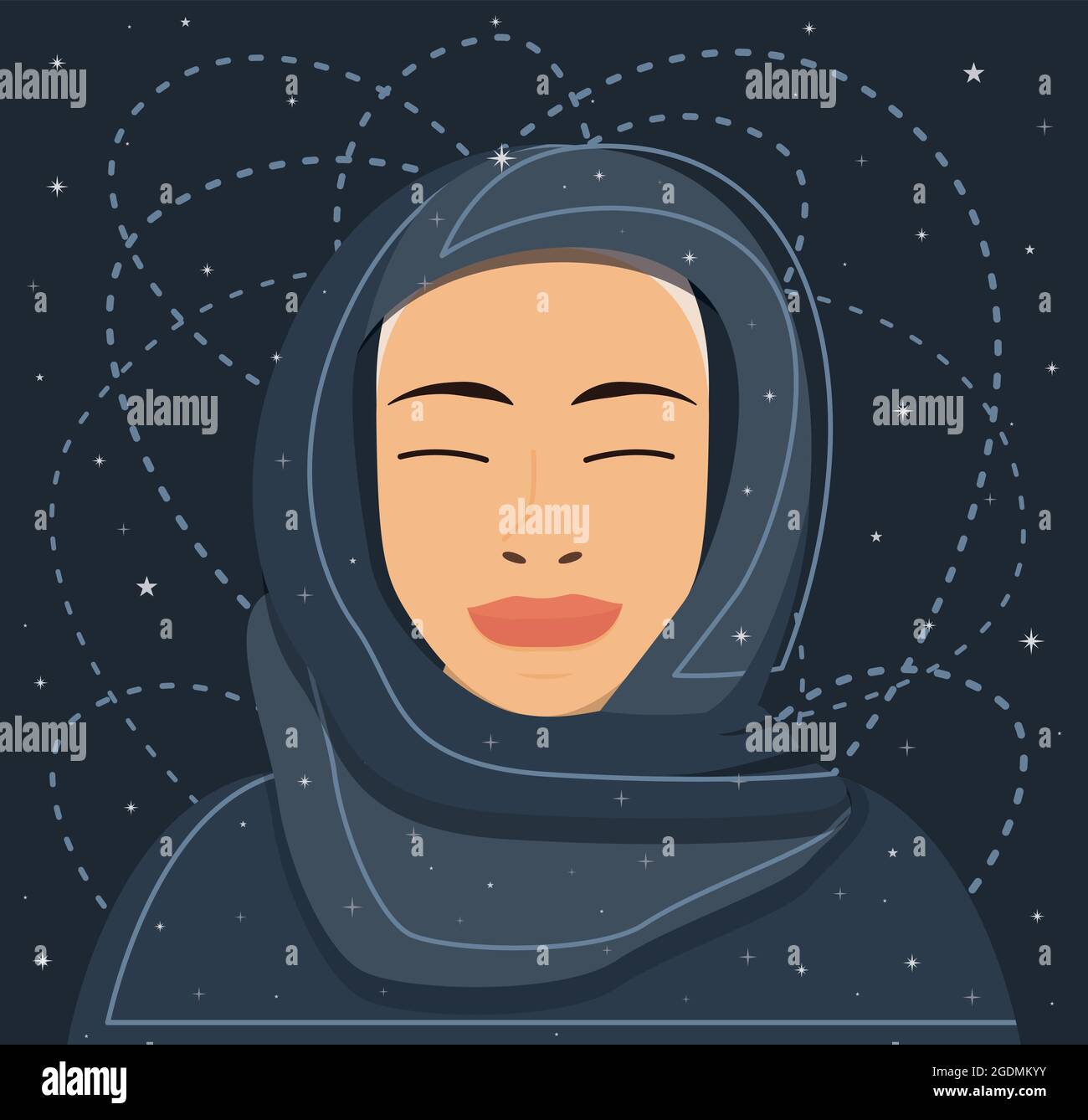 Ritratto di una giovane donna musulmana mistica a Hijab nel Cosmo. Illustrazione vettoriale. Spazio verticale. Sfondo stellato. Personaggio femminile con occhio chiuso Illustrazione Vettoriale