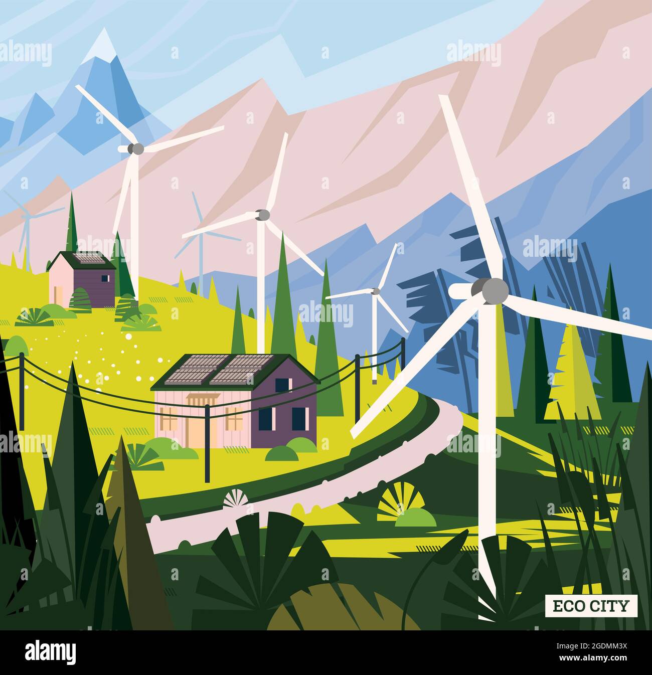 Paesaggio con strada nelle Alpi. Concetto di energia verde rinnovabile con turbine eoliche in Villaggio e pannelli solari sui tetti. Illustrazione vettoriale. Illustrazione Vettoriale