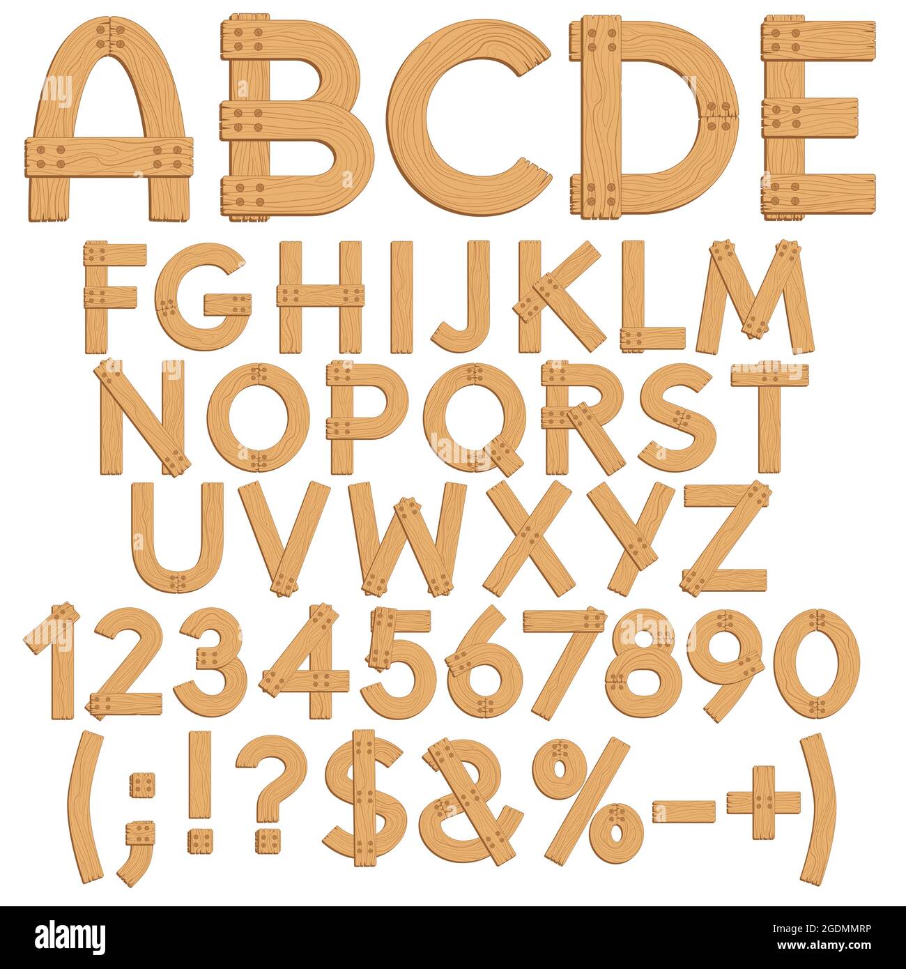 Alfabeto, lettere, numeri e segni da tavole di legno. Oggetti vettoriali isolati su sfondo bianco. Illustrazione Vettoriale