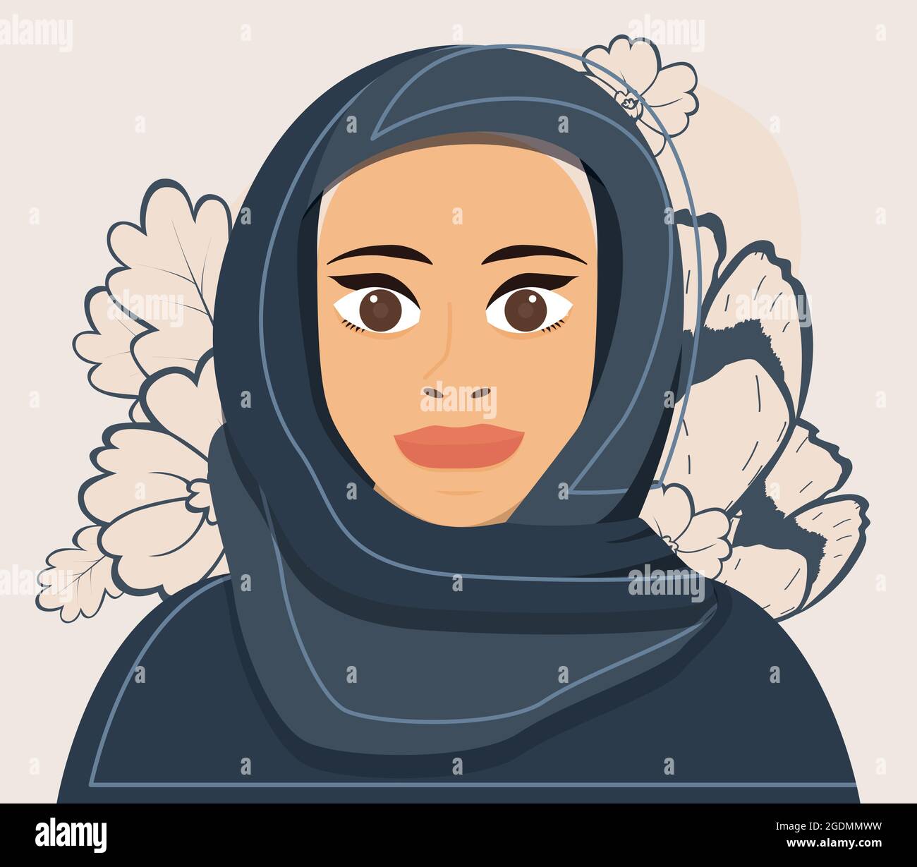 Ritratto di una giovane donna musulmana a Hijab. Illustrazione vettoriale. Fiori sullo sfondo. Illustrazione Vettoriale