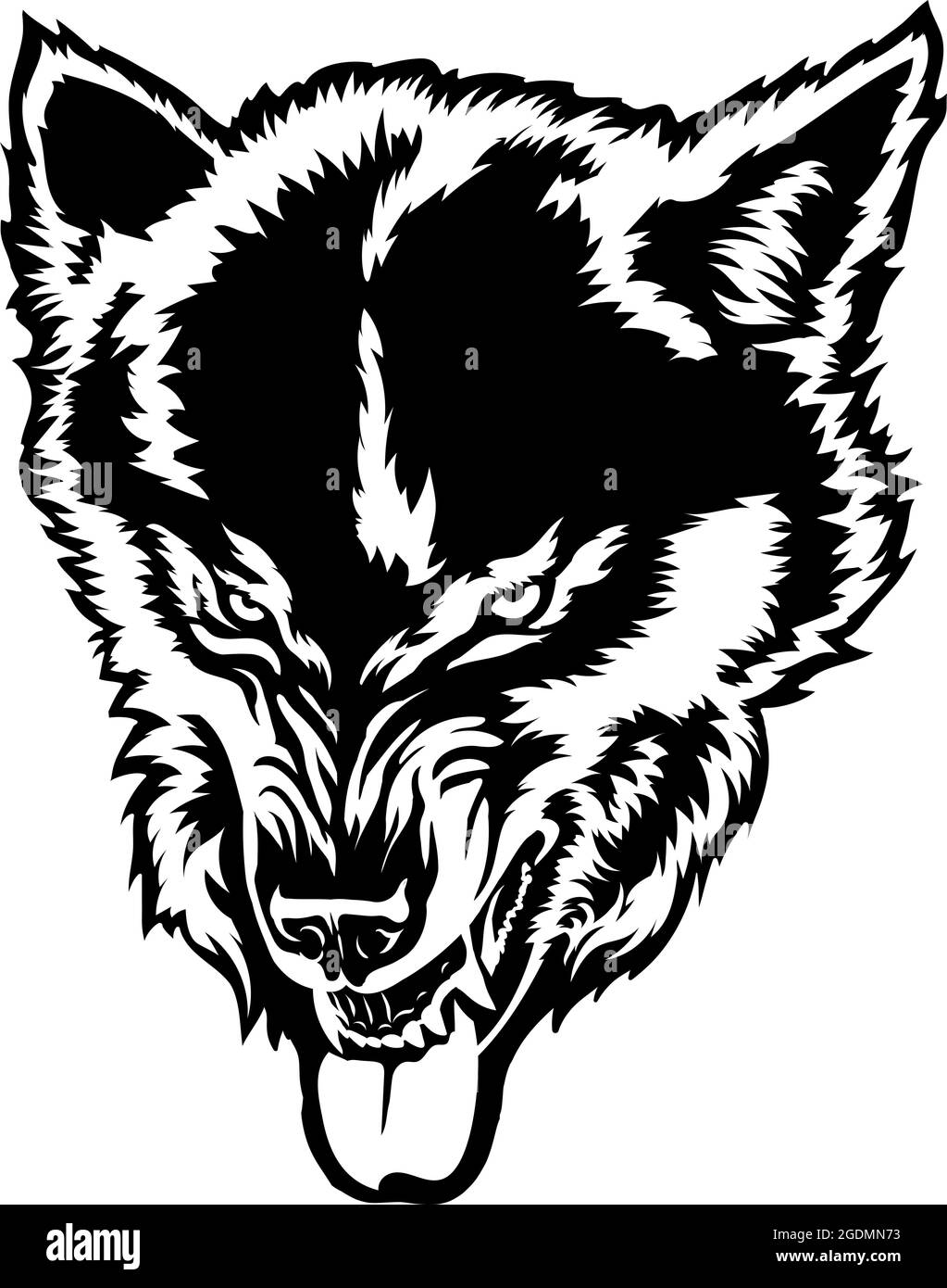 Il lupo arrabbiato mostra denti, lupo grin, testa lupo, disegno bianco e nero per t-shirt. Disegno su sfondo bianco Illustrazione Vettoriale