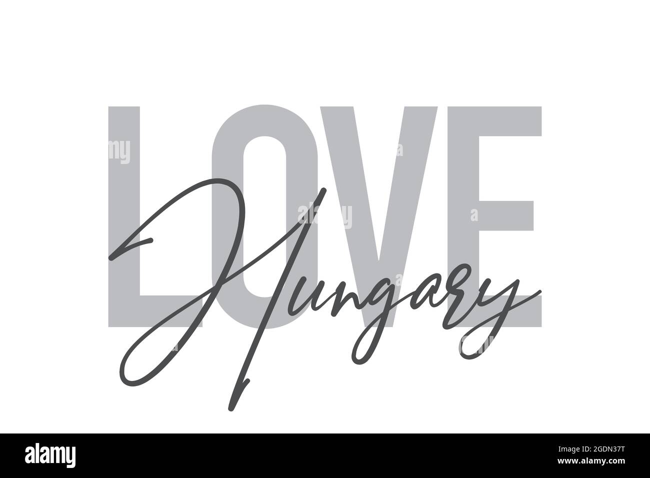 Design tipografico moderno, semplice e minimale di un detto 'Love Hungary' in tonalità di grigio. Grafica vettoriale cool, urbana, trendy e giocosa con Foto Stock
