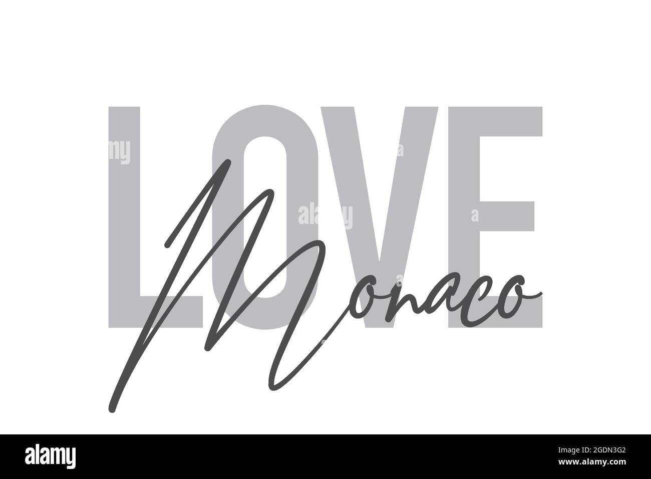 Design tipografico moderno, semplice e minimale di un detto 'Love Monaco' in toni di grigio. Grafica vettoriale cool, urbana, trendy e giocosa con h Foto Stock