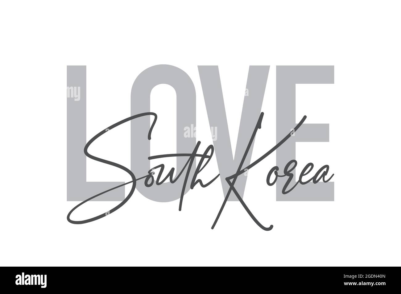 Design tipografico moderno, semplice e minimale di un detto 'Love South Korea' in toni di grigio. Grafica vettoriale cool, urbana, trendy e giocosa w Foto Stock