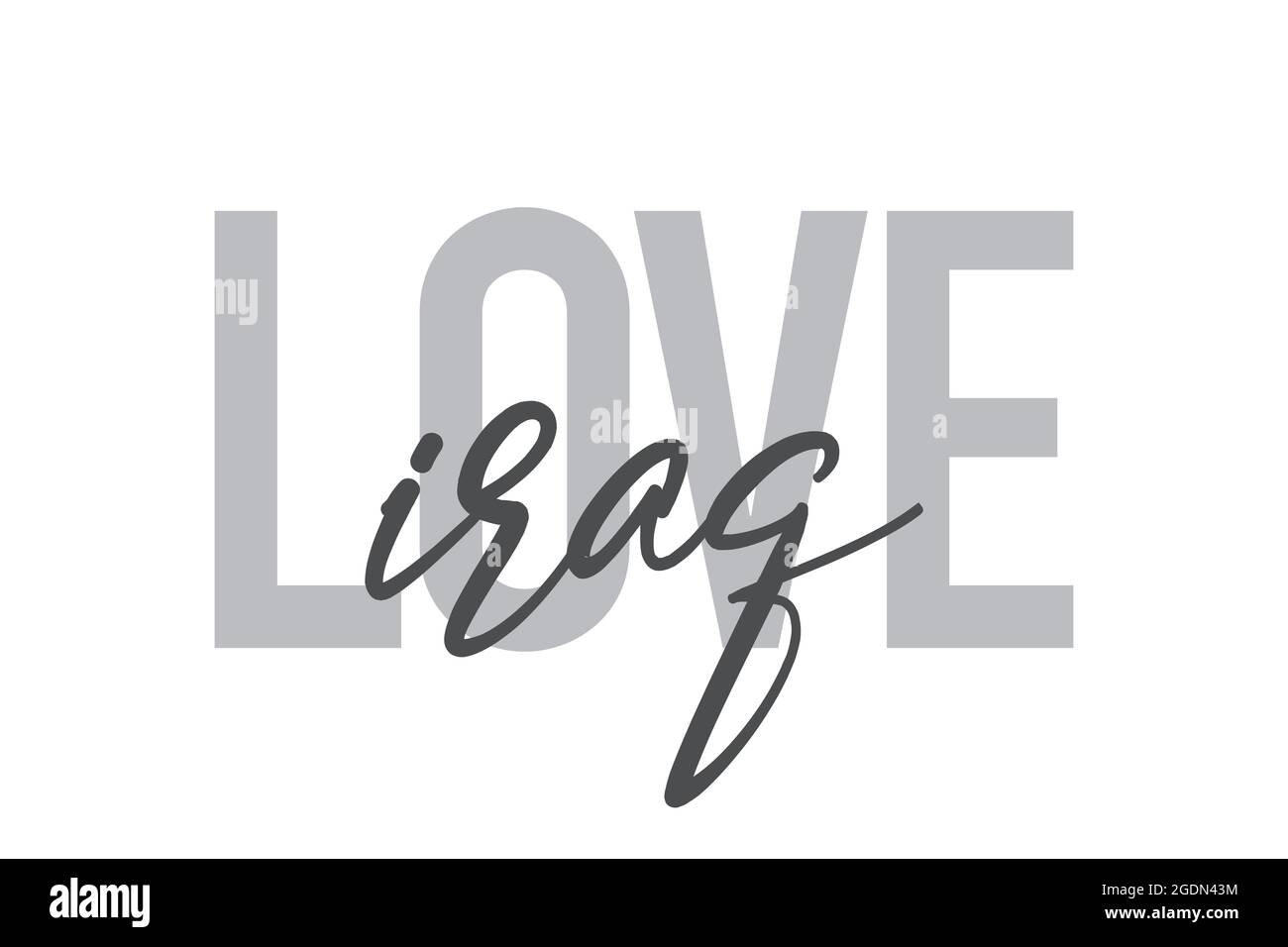 Design tipografico moderno, semplice e minimale di un detto 'Love Iraq' in toni di grigio. Grafica vettoriale cool, urbana, trendy e giocosa con han Foto Stock