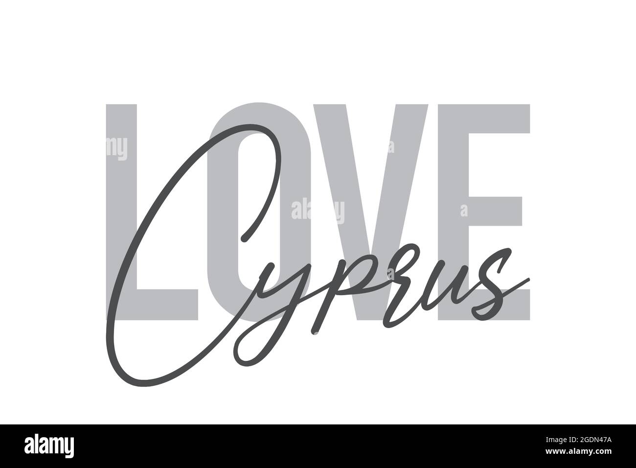 Design tipografico moderno, semplice e minimale di un detto 'Love Cyprus' in tonalità di grigio. Grafica vettoriale cool, urbana, trendy e giocosa con h Foto Stock