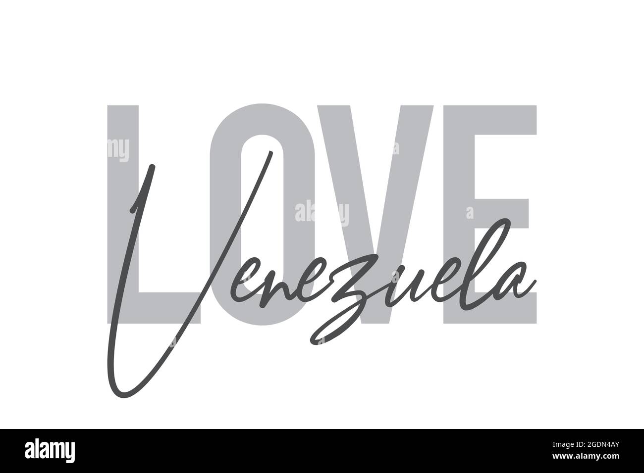 Design tipografico moderno, semplice e minimale di un detto 'Love Venezuela' in toni di grigio. Arte vettoriale grafica cool, urbana, trendy e giocosa Foto Stock