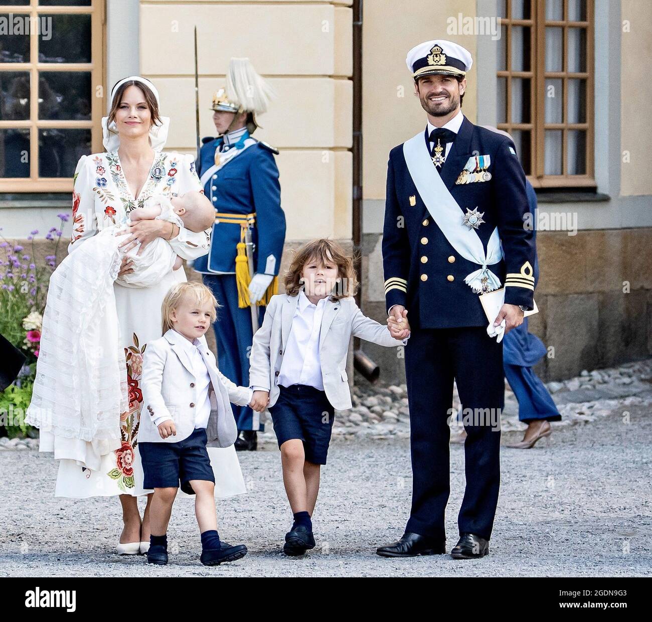 Stoccolma, Svezia. 14 agosto 2021. Il principe Carl Philip, la principessa Sofia, il principe Alessandro, il principe Gabriel, il principe Giuliano frequentò il battesimo del principe Giuliano alla cappella del Palazzo di Drottningholm, fuori Stoccolma, Svezia, il 14 agosto 2021. Johan Valkonen/Stella Pictures/ABACAPRESS.COM Credit: Abaca Press/Alamy Live News Foto Stock