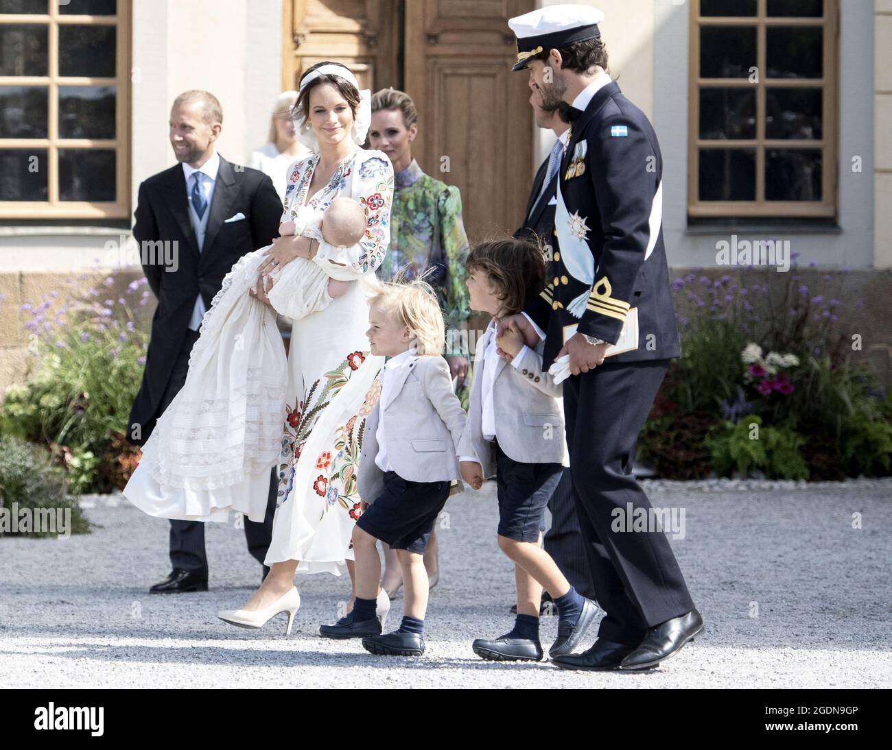 Stoccolma, Svezia. 14 agosto 2021. Il principe Carl Philip, la principessa Sofia, il principe Alessandro, il principe Gabriel, il principe Giuliano frequentò il battesimo del principe Giuliano alla cappella del Palazzo di Drottningholm, fuori Stoccolma, Svezia, il 14 agosto 2021. Johan Valkonen/Stella Pictures/ABACAPRESS.COM Credit: Abaca Press/Alamy Live News Foto Stock