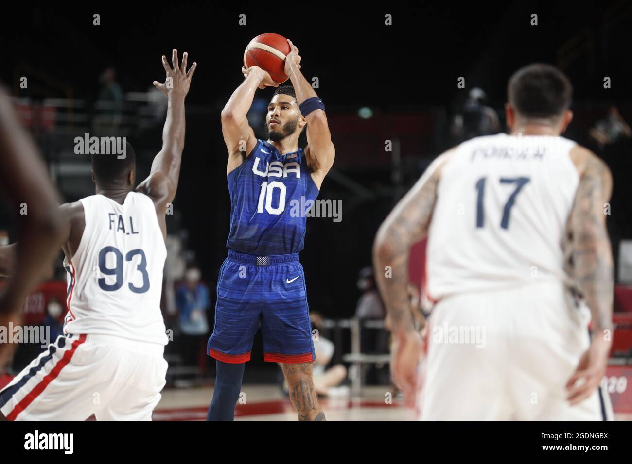 Partita di pallacanestro tra la Francia e gli Stati Uniti d'America ai Giochi Olimpici estivi di Tokyo nella Saitama Super Arena di Saitama, il 25 luglio 2021. Foto Stock