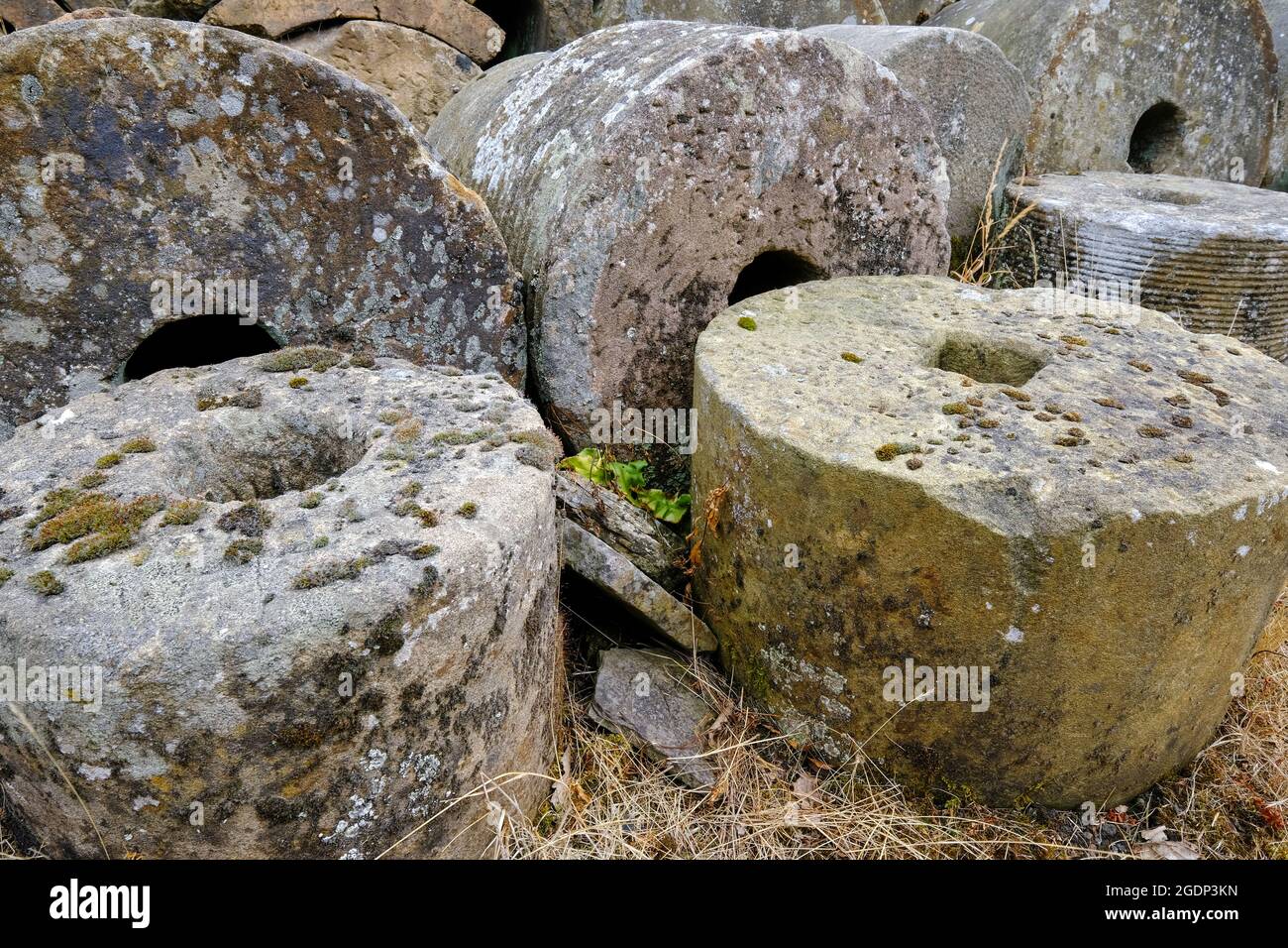 Un salto di vecchie ruote del mulino di pietra in Abbeydale Industrial Hamlet, Sheffield. Foto Stock