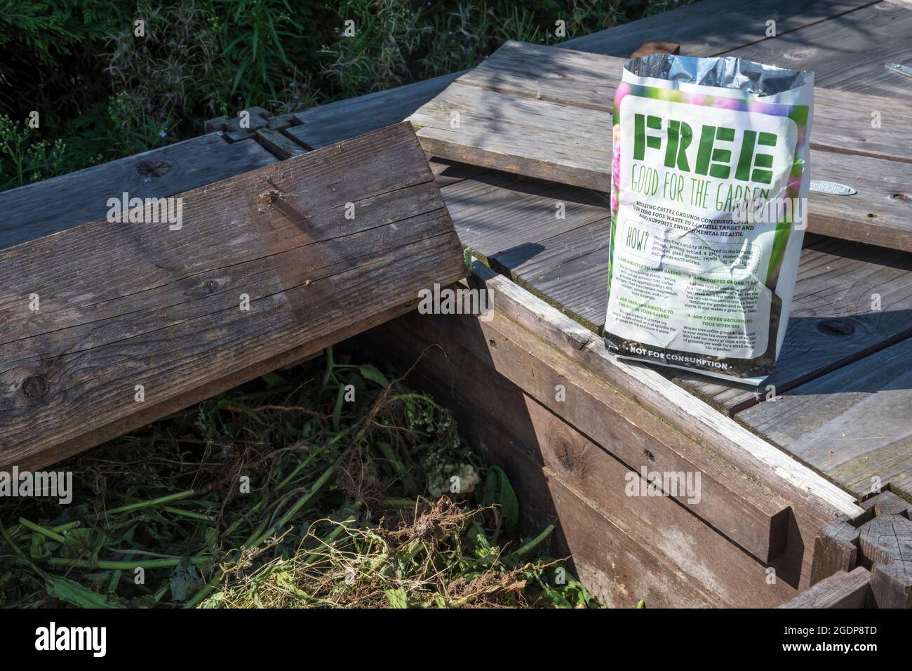 Macinato di caffè usato per aggiungere al bidone di composto come fonte di azoto. Molti caffè e bar offrono terreni usati per raggiungere gli obiettivi di sostenibilità. Foto Stock