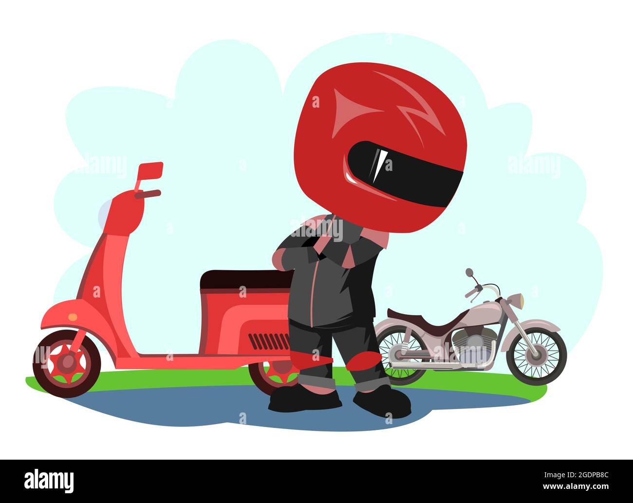 Conducente scooter. Motociclista Cartoon. Illustrazione per bambini. Confronta le moto. In uniforme sportiva e casco rosso. Motociclista fresco. Isolato su bianco Illustrazione Vettoriale
