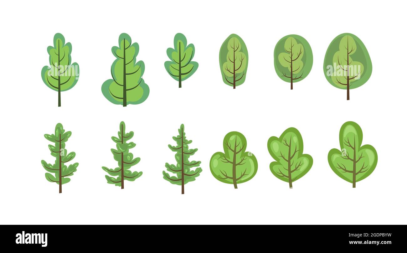 Foresta piatta. Insieme con alberi. Illustrazione in un semplice stile simbolico. Oggetti per un divertente paesaggio verde. Fumetto design. Fuori città selvaggio Illustrazione Vettoriale