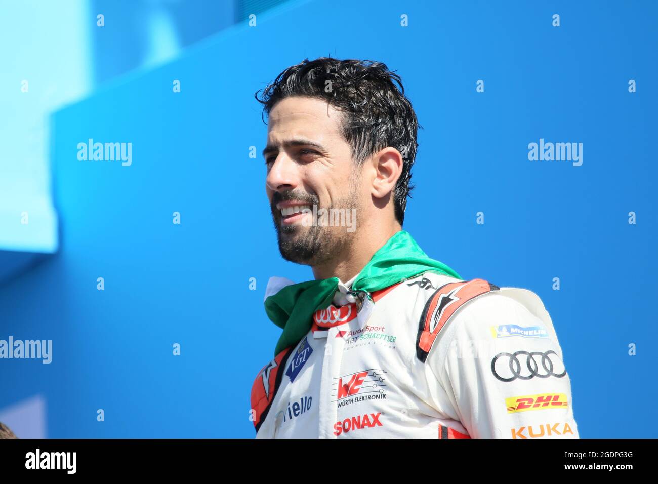 08/14/2021, Berlino, Germania, Lucas di grassi alla cerimonia di premiazione. Lucas di grassi del Team Audi Sport Abt Schaeffler vince il round 14 alla BMW i Berlin e-Prix 2021 presentata dalla CBMM Niobium. Edoardo Mortara (sui) del Team ROKIT Venturi Racing vince il secondo posto e Mitch Evans (NZL) del Team Jaguar Racing vince il terzo posto. La Formula e sarà a Berlino per la settima volta in una doppia gara il 14 e 15 agosto. Foto Stock