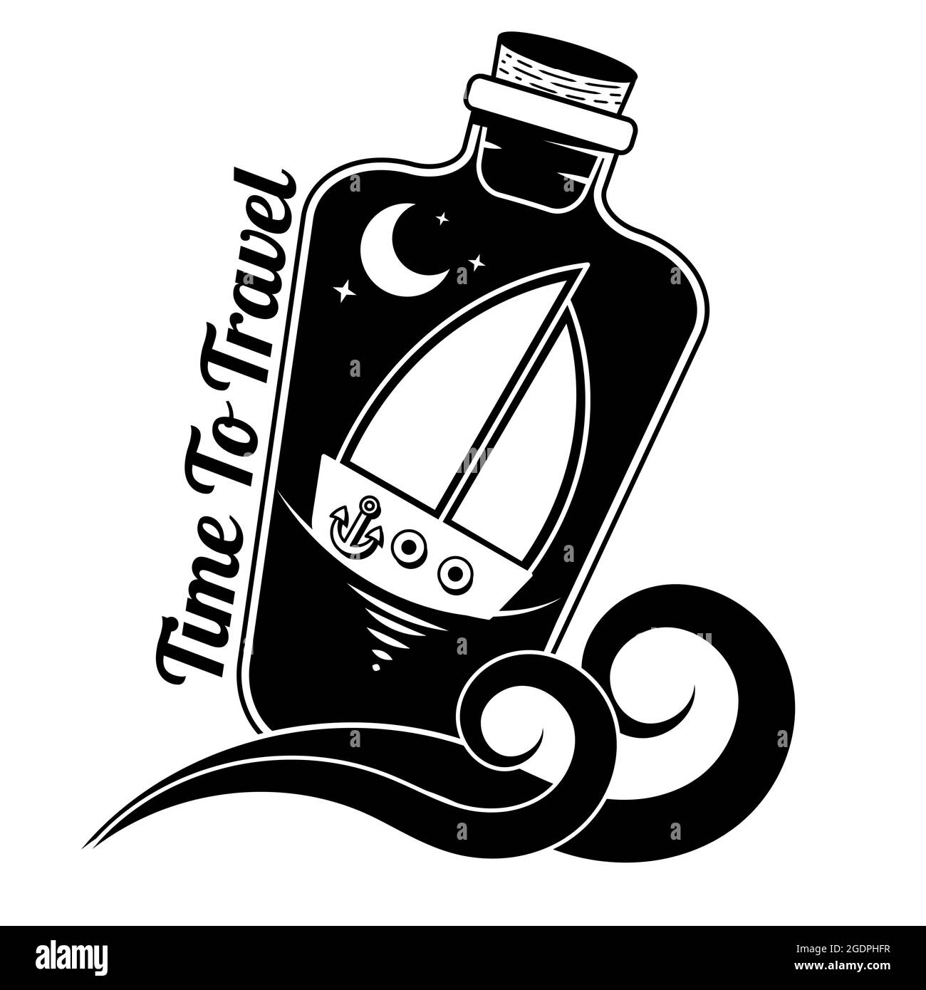 Vettore mare sfondo con bottiglia, onde, nave e etichetta con testo hanno un bel viaggio in francese. Concetto di viaggio. Annata creativa Illustrazione Vettoriale