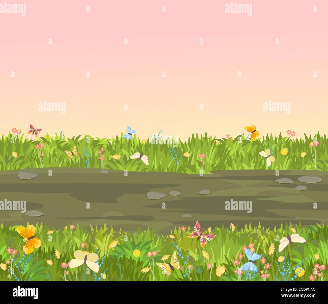 Strada senza interruzioni. Composizione del bordo orizzontale. Paesaggio prato estivo. Erba succosa. Paesaggio rurale rustico. Disegno di cartone animato. Illustrazione grafica piatta Illustrazione Vettoriale