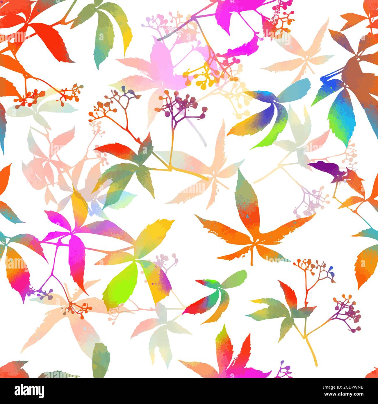 Foglie d'uva multicolore a sfondo senza cuciture. Stampa arcobaleno. Supporti misti. Illustrazione vettoriale Illustrazione Vettoriale