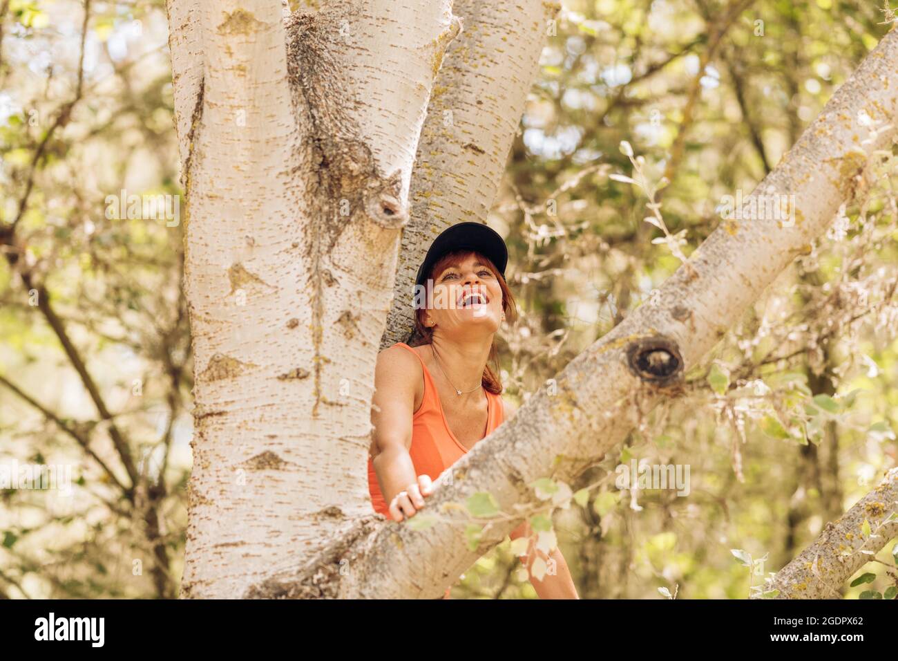 Donna seduta in un albero ridendo con un'espressione felice Foto Stock
