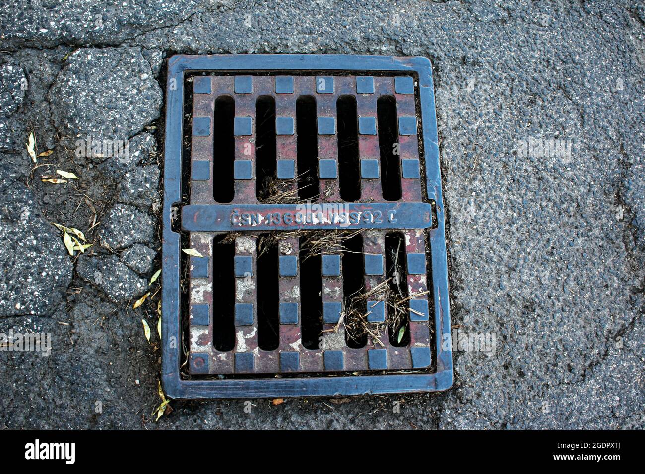 Sistema di drenaggio. Struttura metallica per il drenaggio dell'acqua piovana. Chiusura a reticolo. Foto Stock