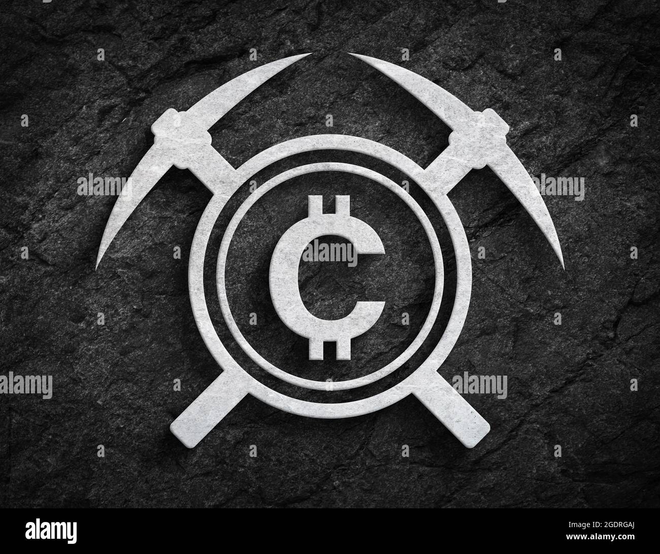 Moneta Crypto con pickaxes minerario simbolo pietra muro sfondo Foto Stock