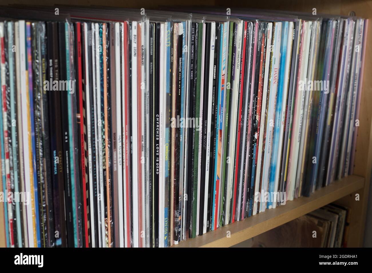 Una riga di album in vinile su uno scaffale. Foto Stock