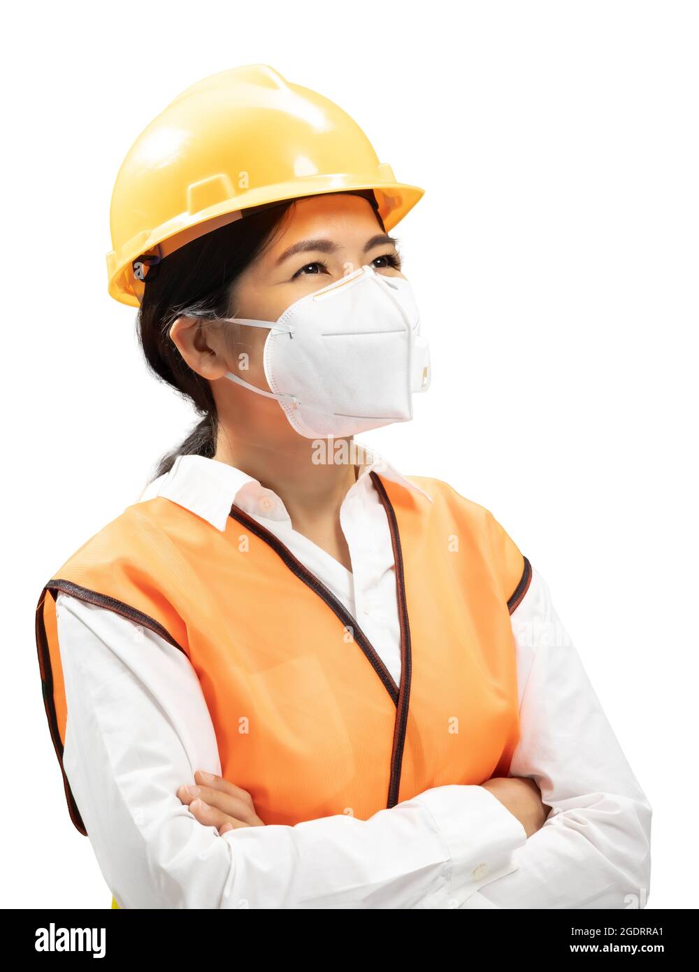 Ingegnere asiatico o tecnico indossare casco di sicurezza e maschera facciale Foto Stock