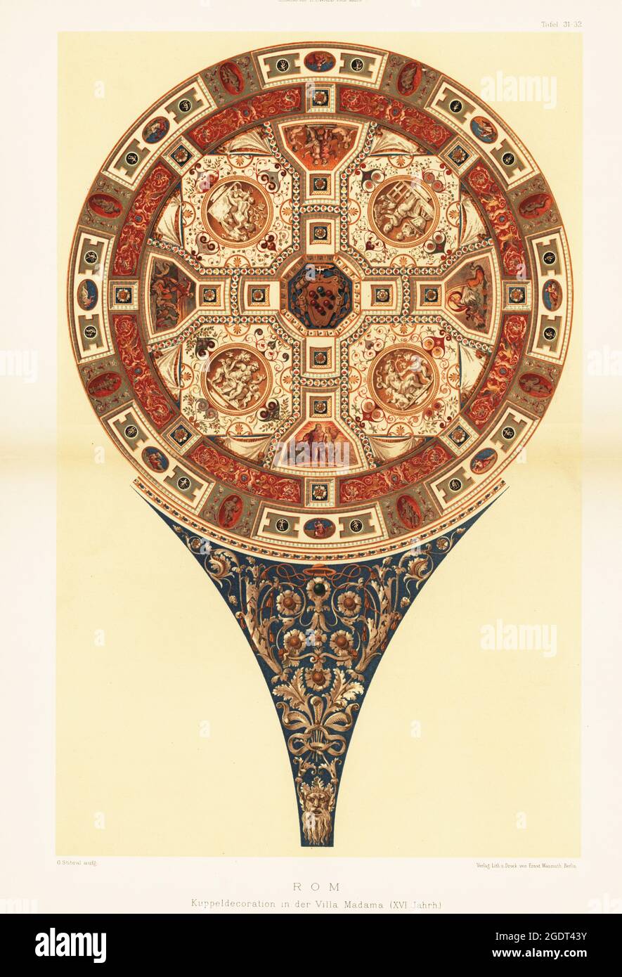 Cupola decorazione di Giulio Romano nel palazzo rurale in stile rinascimentale Villa Madama, Roma, XVI secolo. Kuppeldecoration in der Villa Madama, Giulio Romano, Rom, XVI Jahrh. Chromolithograph di G. Stibral da Farnst Ewald’s Farbige decorationen, alter und Never Zeit (decorazione a colori, epoche antiche e nuove), Ernst Wasmuth, Berlino, 1889. Foto Stock